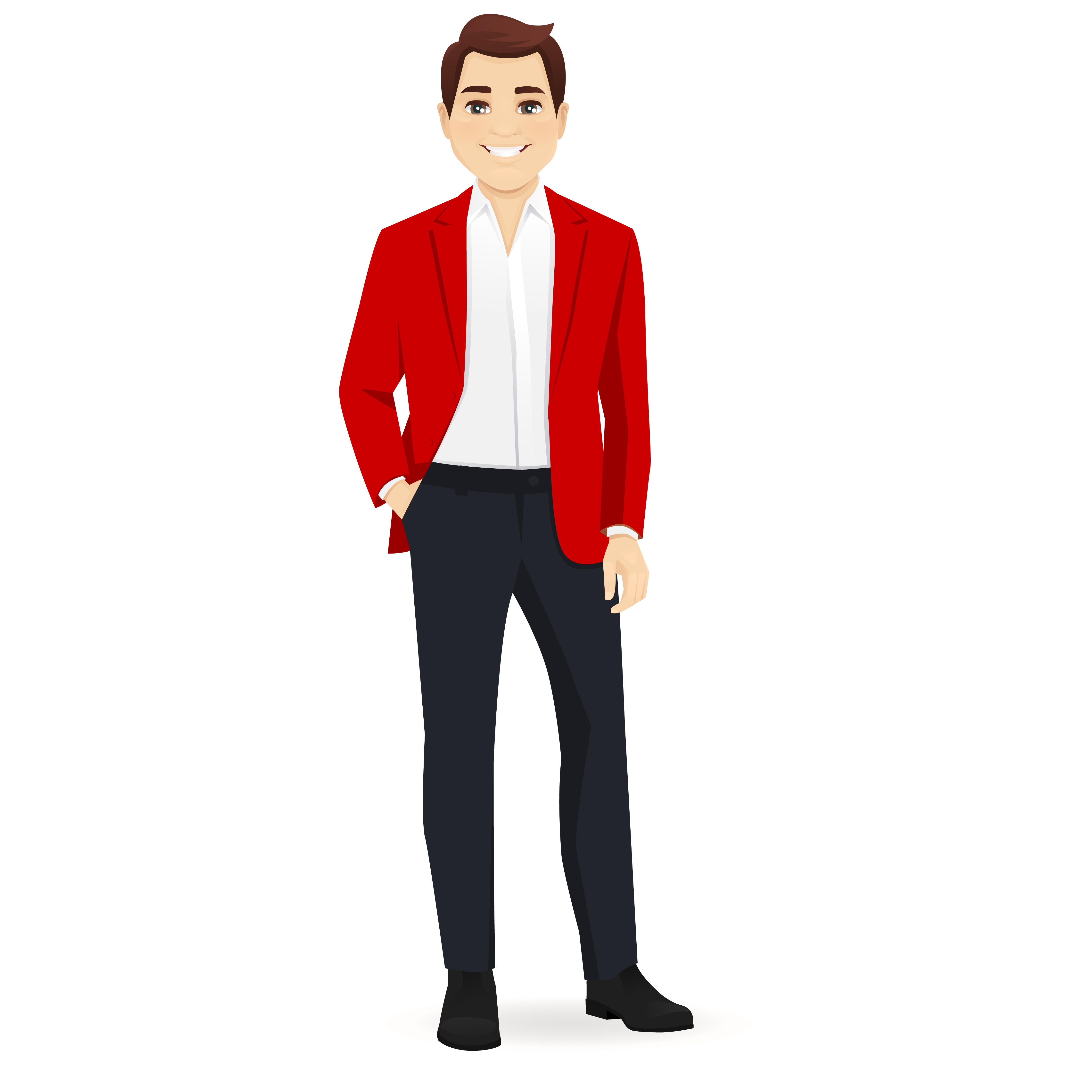 Verovian Recruitment locum agency A man in a red blazer recruited for a permanent position stands on a white background.