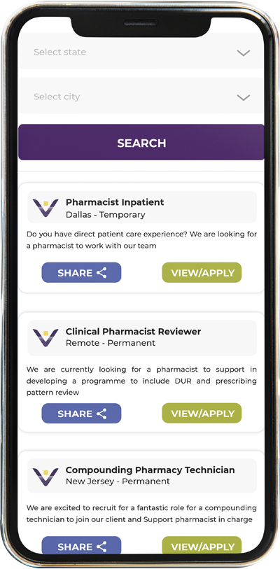 Verovian Recruitment locum agency A mobile phone screen showing a veterinarian pharmacy app.
