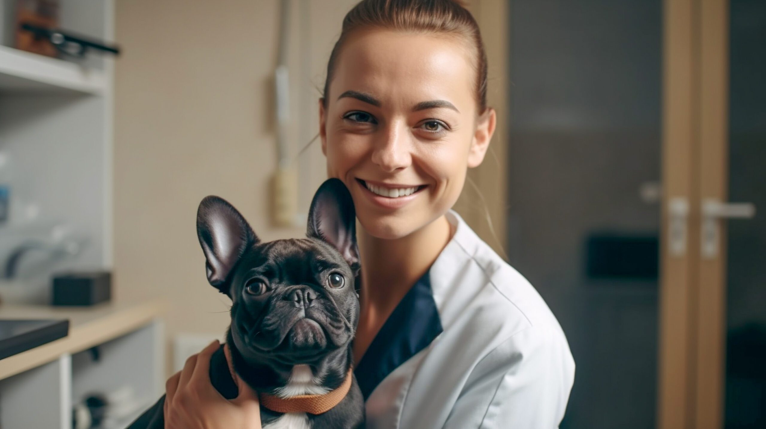 Verovian Recruitment locum agency A woman is holding a French bulldog at a vet clinic.
