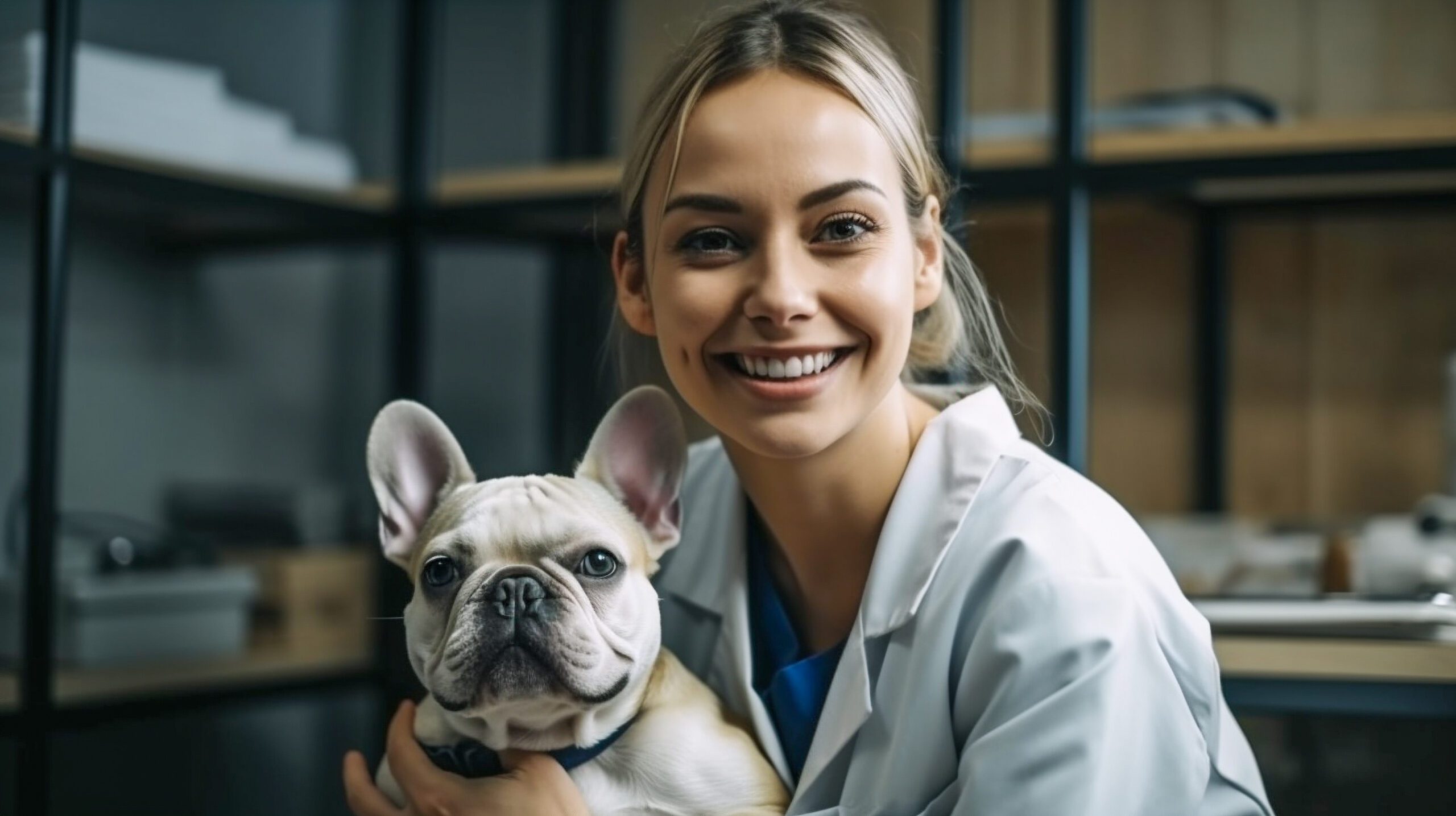 Verovian Recruitment locum agency A woman in a lab coat holding a French bulldog representing a permanent recruitment agency.