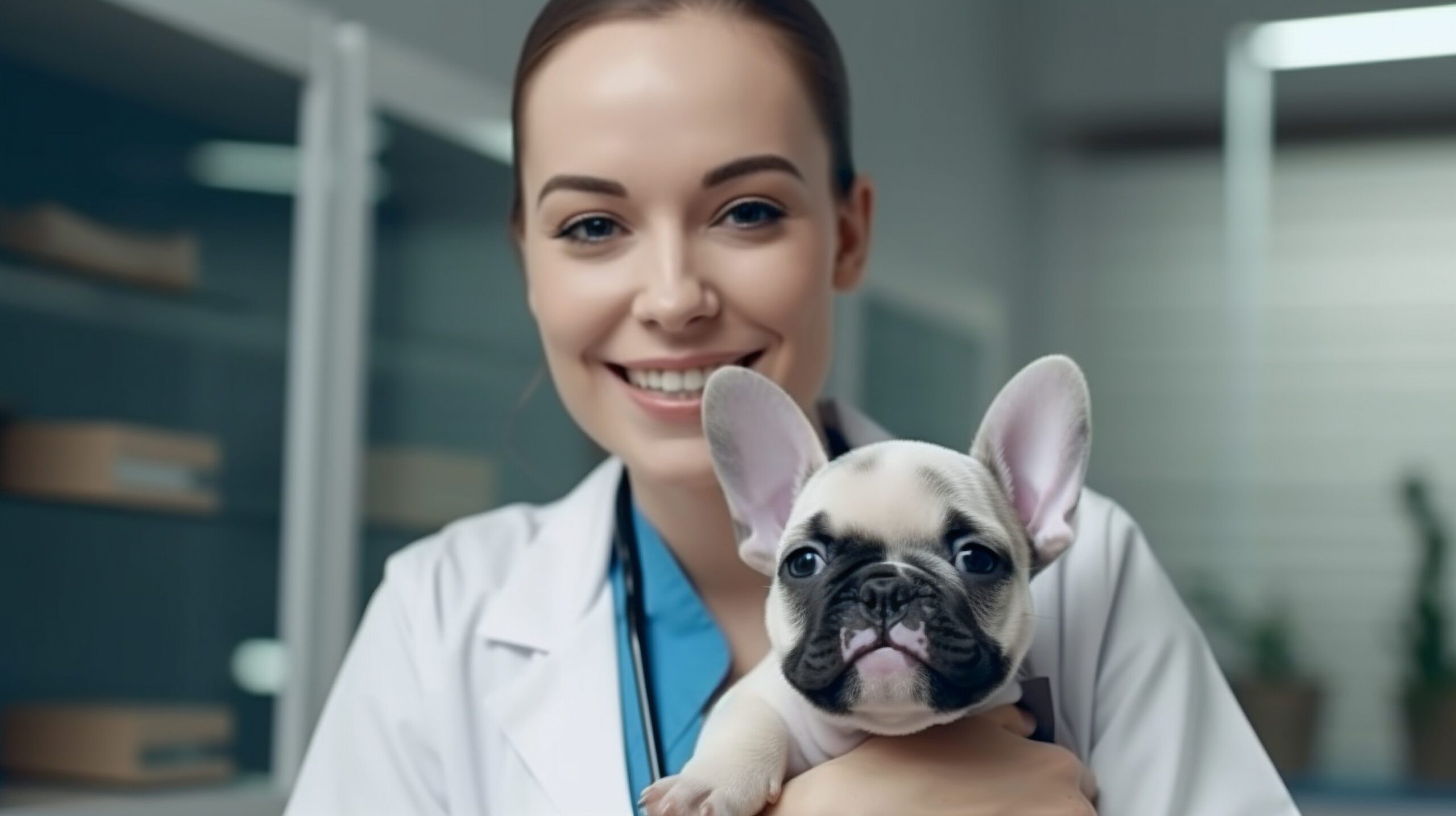 Verovian Recruitment locum agency A vet in a lab coat holding a French bulldog for a recruitment agency.