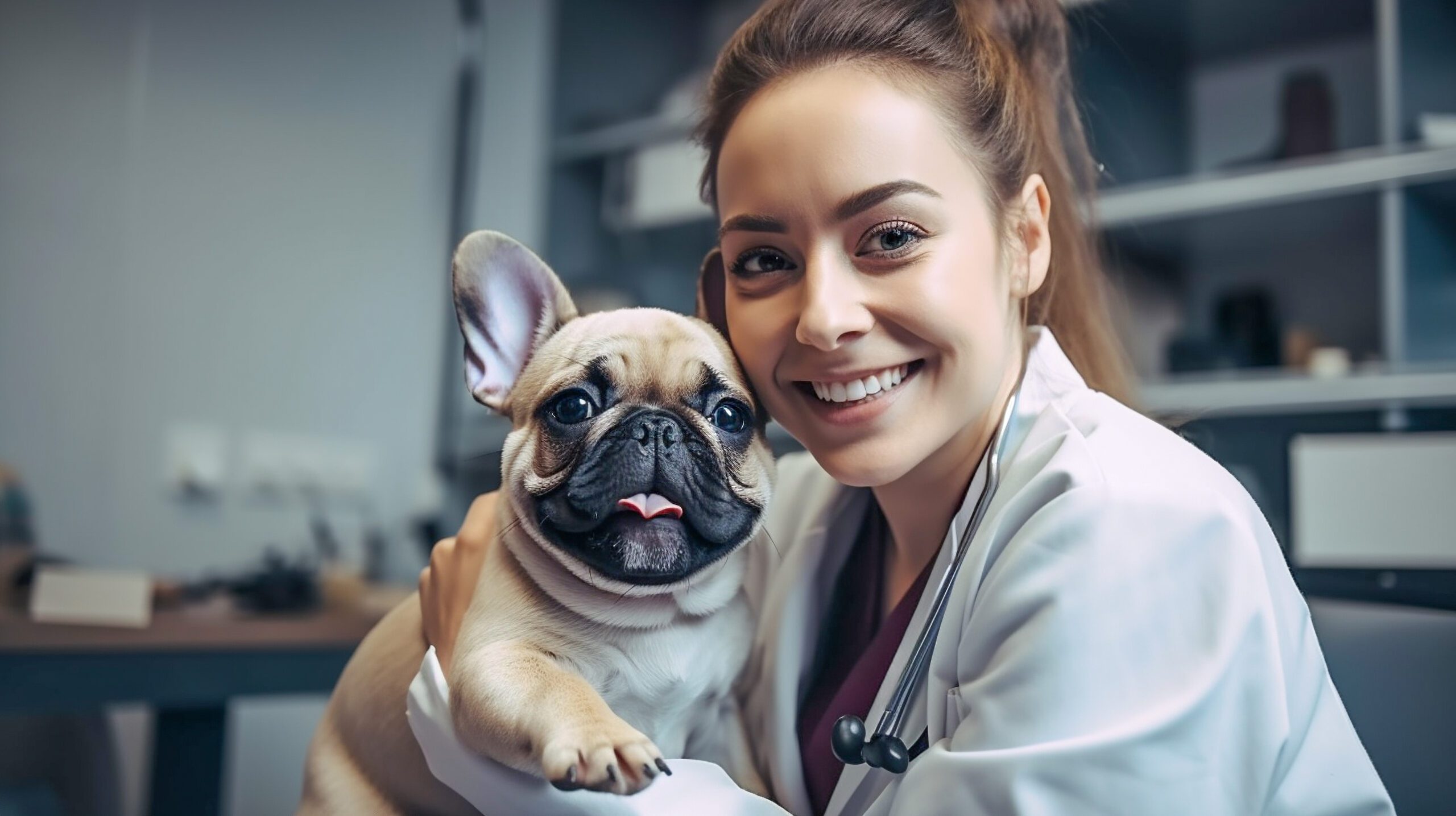 Verovian Recruitment locum agency A veterinarian, passionate about her veterinary career, smiles while holding a French Bulldog inside the clinic.