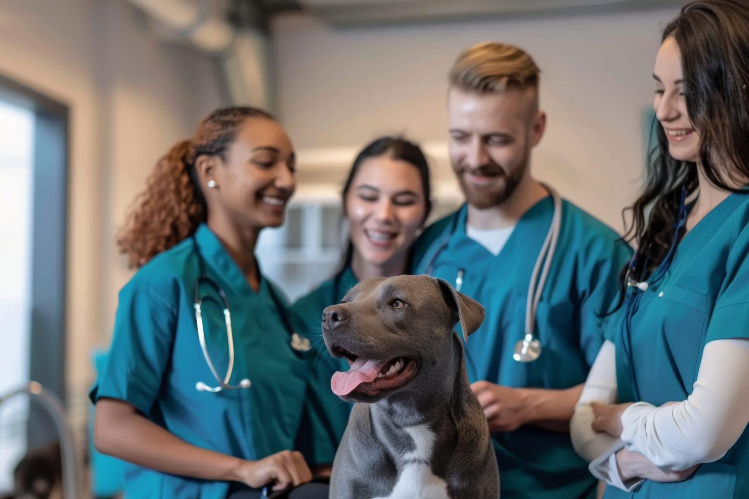 Verovian Recruitment locum agency A dog sits in the foreground with its tongue out, capturing the joyful spirit of veterinary teams, while four people in scrubs stand behind it, smiling proudly at their great workplace environment.