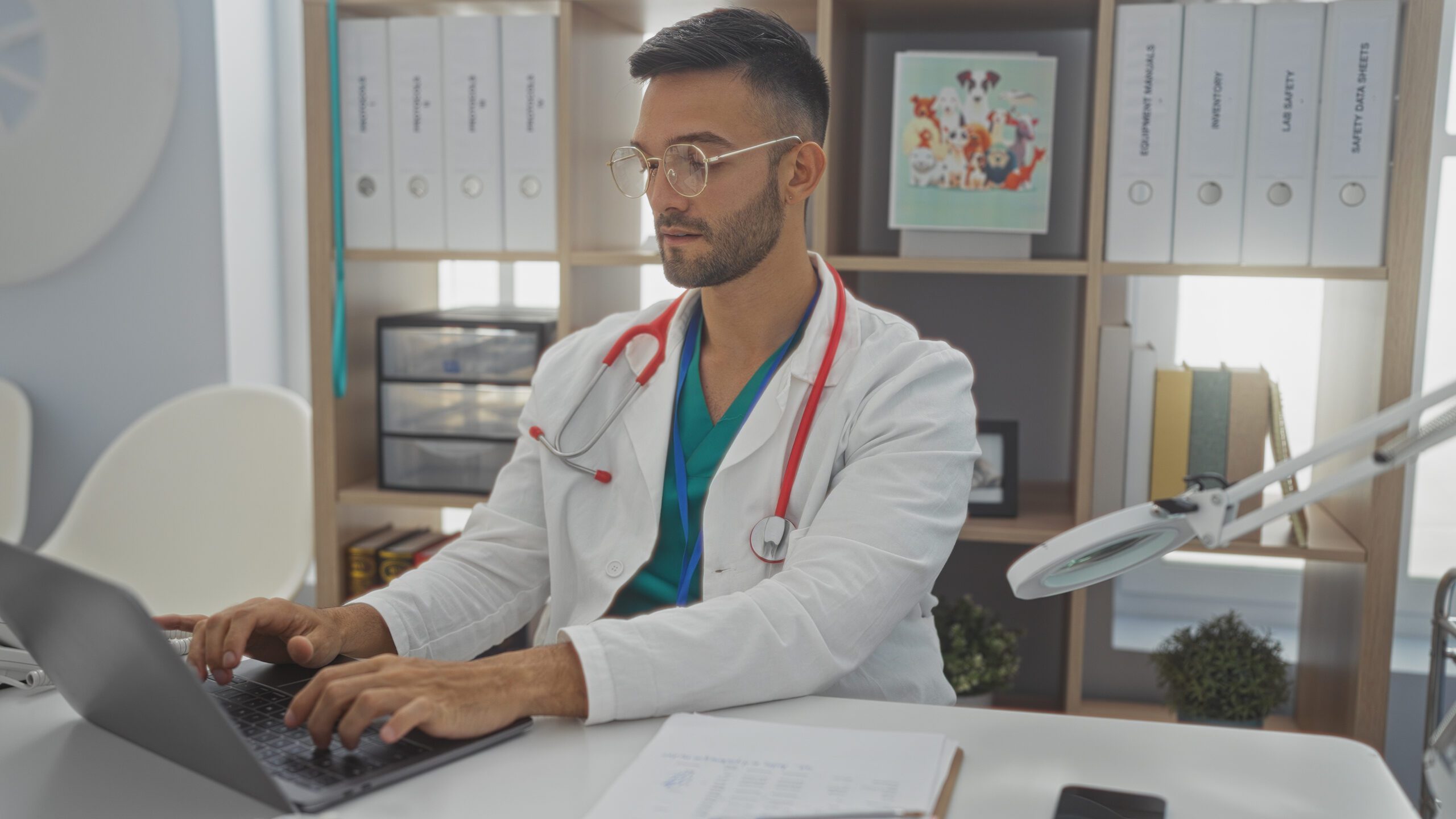 Verovian Recruitment locum agency A doctor wearing a white coat and stethoscope types on a laptop at a desk in a medical office, with shelves and documents in the background—ideal for UK Practice Managers navigating CMA 2025 standards.