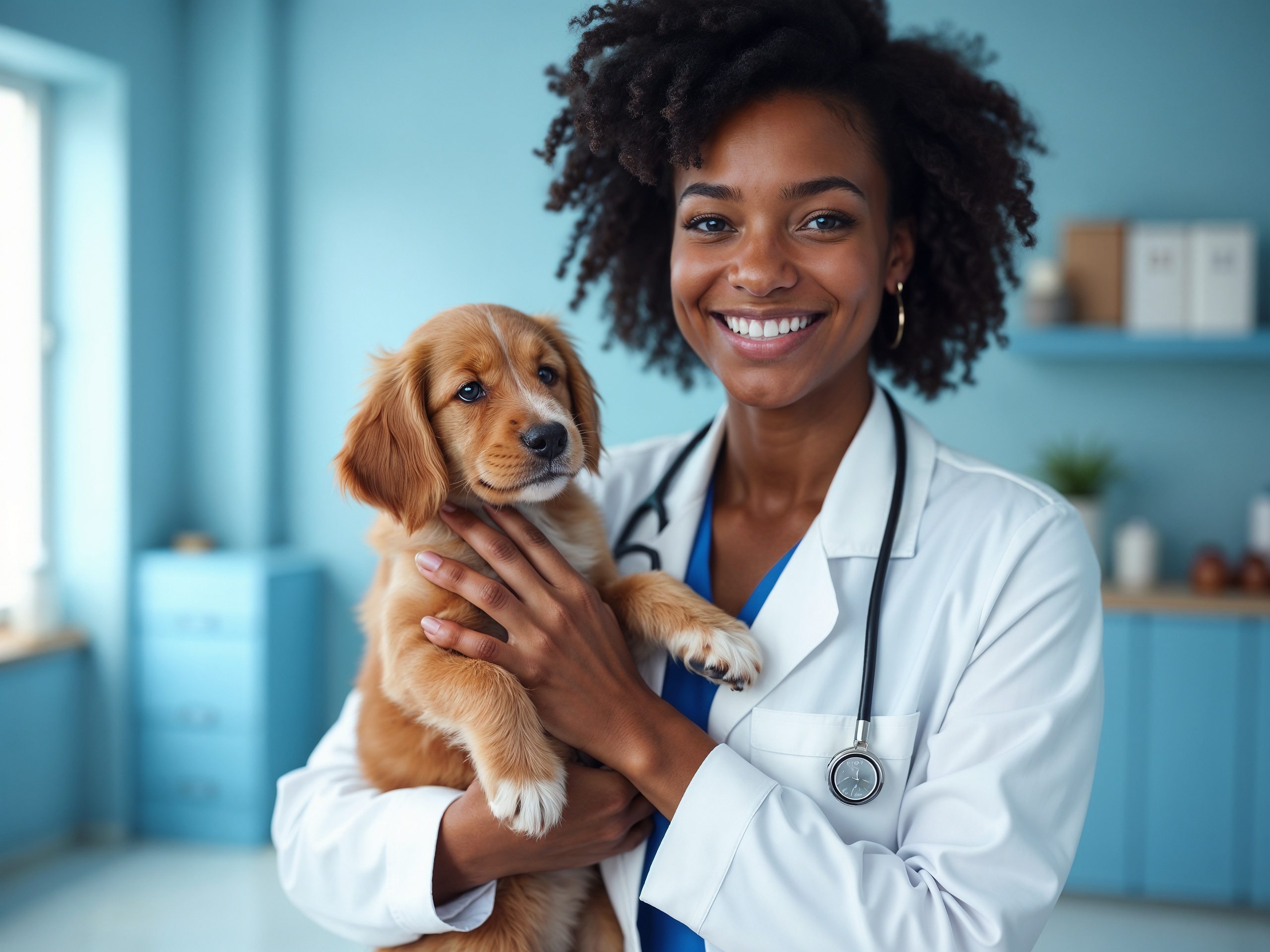 Verovian Recruitment locum agency. A veterinarian in a white coat holds a brown and white puppy while smiling in a blue clinic, highlighting the rewarding nature of Singapore veterinary jobs.