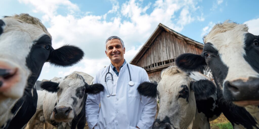 Verovian Recruitment locum agency A veterinarian in a white coat stands among several cows in front of a wooden barn under a partly cloudy sky, highlighting the everyday realities and rural practice challenges faced in UK veterinary jobs.